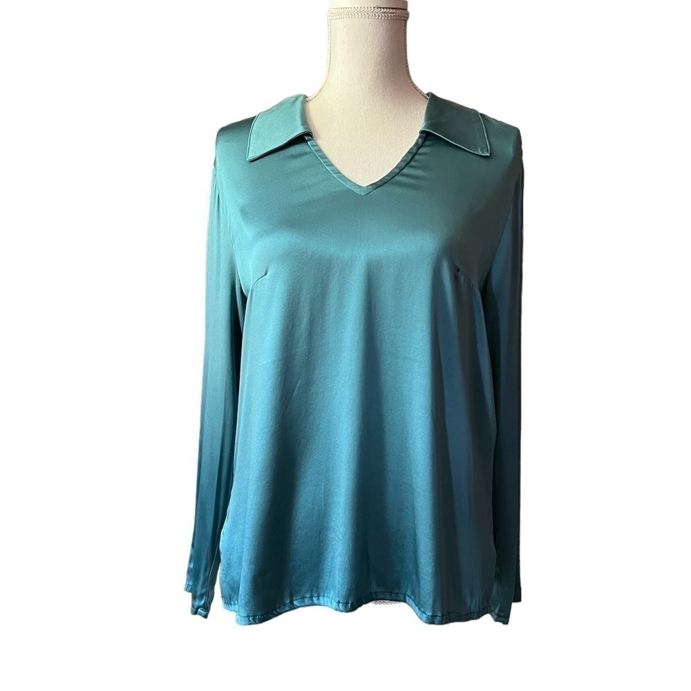 DOUBLE D RANCH WOMEN’S PULLOVER TEAL SILK BLOUSE SIZE SMALL